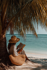 Woman in sunhat reading a book under palm tree