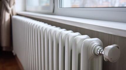 White radiator sits near window. Thermostat controls temp. Radiator heats modern living space. Heating system ensures warmth in apartment. Temperature regulator adjusts heat. Radiator provides
