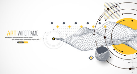 Obraz premium Abstract composition with wireframe wave, dots, and lines. Vector.