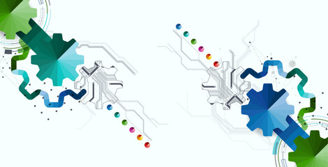 Obraz premium Stylized view of gears integrated with microcircuits. Concept of combining mechanics and electronics.
