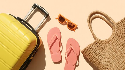 Bright yellow suitcase with flip flops sunglasses and straw bag for vacation