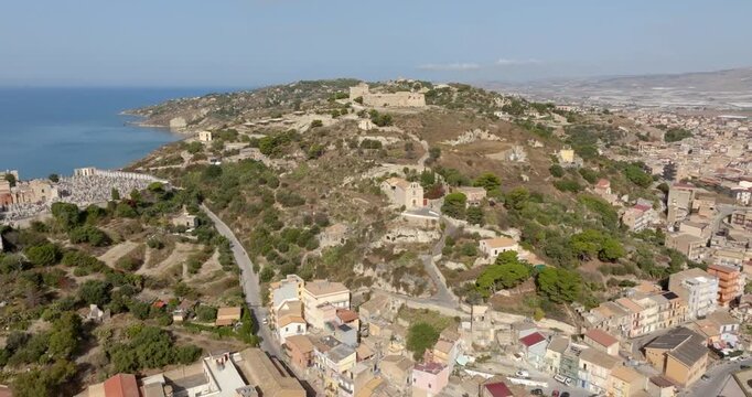 Aerial view of Castel Sant'Angelo, also known as Sant'Angelo Fort. It is an ancient castle located in Licata, in the province of Agrigento, Sicily, Italy. 