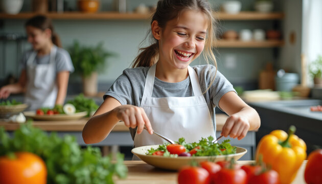 Young girl prepares salad with enthusiasm in a culinary class. She smiles joyfully while adding vegetables to the plate. A classmate works nearby, fostering inclusive learning environment.