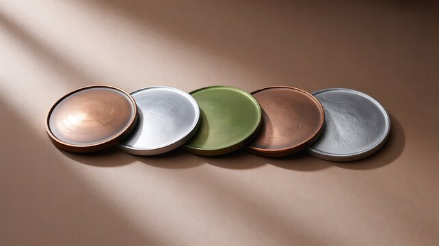 Five round metallic and green cosmetic compacts arranged in a row - Powered by Adobe