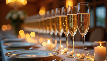 Elegant dining table with champagne flutes, gold-rimmed plates, and candles, festive celebration setup