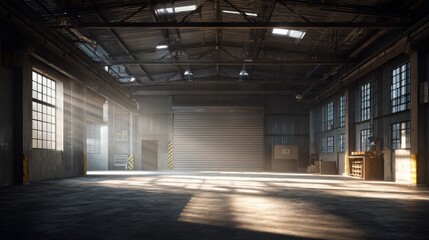 Wide angle shot of an empty warehouse, perfect space for commercial use. Industrial interior features high ceilings, roller door and natural sunlight making it suitable for storage or distribution.