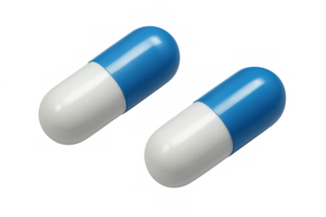 Two blue and white medicine capsules, showing prescription drugs and medical treatment options. Transparent background