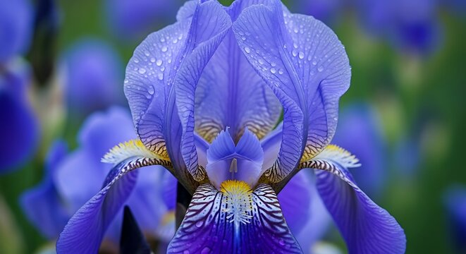 Close-up of a vibrant purple iris flower with dew drops. - Powered by Adobe