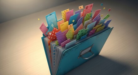 Vibrant file folder overflowing with creatively designed and colorful papers in organized manner