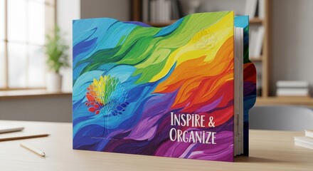 Inspiring organization with a vibrant rainbow folder on a tidy workspace surface
