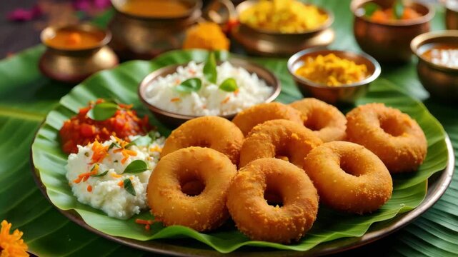 South Indian Pongal festival feast on banana leaf, crispy medu vada doughnuts with curd rice, chutney, brass bowls of sambar, harvest celebration meal presentation, temple offering setting