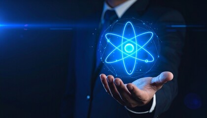 Futuristic Blue Atomic Symbol Hovering Above Businessman’s Hand
