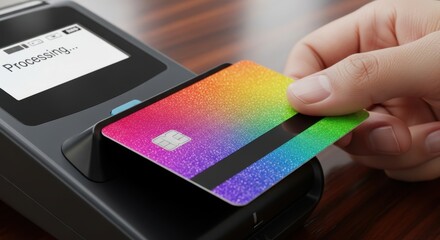 Colorful credit card transaction on payment terminal signifying secure and efficient cashless