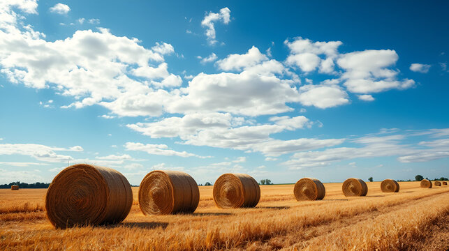 Large hay bales rest in a harvested field under a bright blue sky filled with scattered clouds.