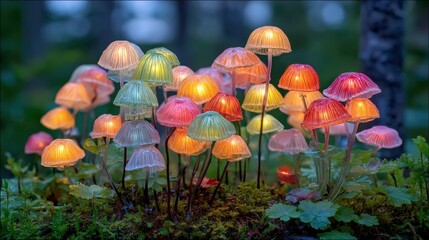 Cluster of translucent, glowing fungi illuminates a mossy forest floor in twilight