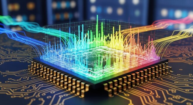 Vibrant computer processor radiating complex data analysis with interconnected pathways