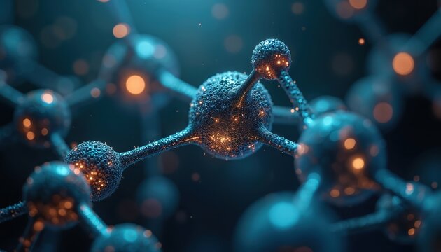 Molecule structure close up shines in dark. Abstract micro world with glowing particles, atom connections. Tech concept design for innovative global network medical industry. Digital render shows