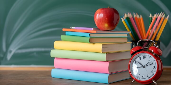 Stack of colorful books with apple and pencils on a desk in front of a chalkboard