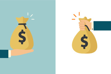 Hand Holding and Giving a Sack with Dollar Sign in Flat Vector Style