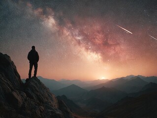 A lone figure stands on a rugged cliff as the Milky Way ignites the horizon, with falling meteors tracing bright lines across the vast mountain silhouettes below