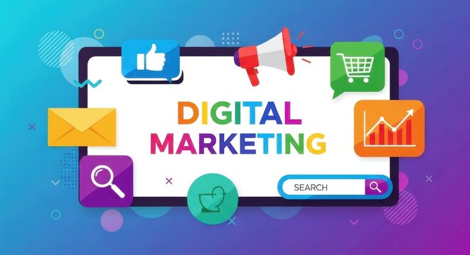 Vibrant illustration depicting digital marketing tactics and strategy for business growth