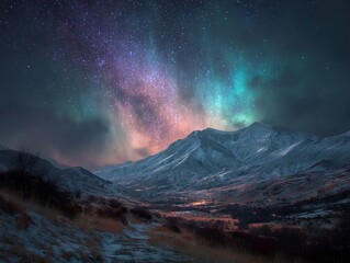 Emerald aurora shimmering above silent winter mountains as distant lights glow in the frozen valley beneath a vast star-filled sky