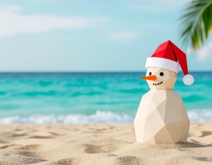 Sandy snowman enjoying the beach A cheerful paper sculpture with a Santa hat on a tropical shore