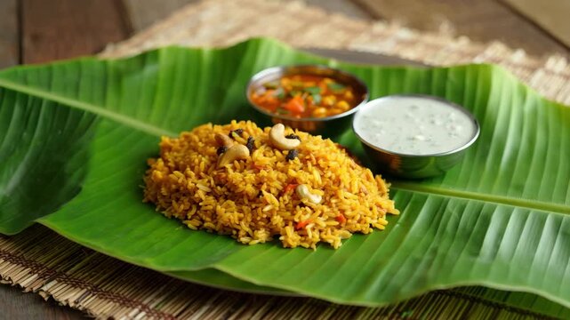 Pongal special turmeric rice with cashew served on banana leaf, traditional South Indian meal with curry and curd, festive harvest food on rustic background