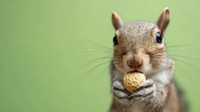 Close up footage of a cute gray squirrel with fluffy fur holding a peanut in its paws and munching on it, with a solid light green background providing ample copy space for text