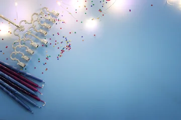 Fotobehang Beren Religion image of jewish holiday Hanukkah background with menorah (traditional candelabra) and candles  © tomertu