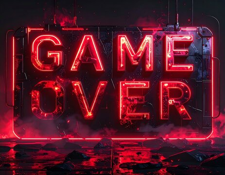 Glowing "GAME OVER" in neon, on a textured backdrop with a fiery red ambiance