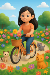 a young woman rides a bicycle through a flower garden