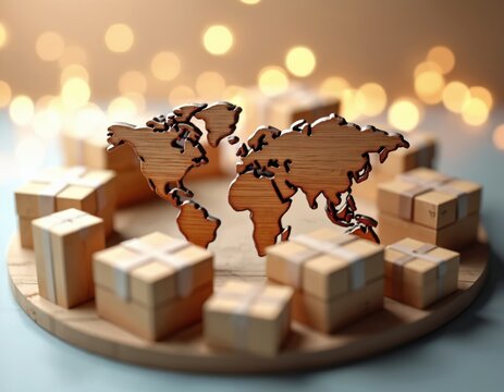 Wooden world map surrounded by cardboard boxes on round platform with blurred lights. Conceptual stock asset about global trade, shipping, delivery services, international import export. E-commerce