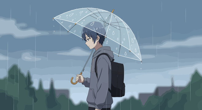 Pensive Youth Walks In The Rain With An Umbrella