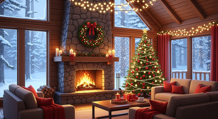 Cozy log cabin living room decorated for christmas with a roaring fireplace, a decorated tree, and warm string lights creating a festive atmosphere