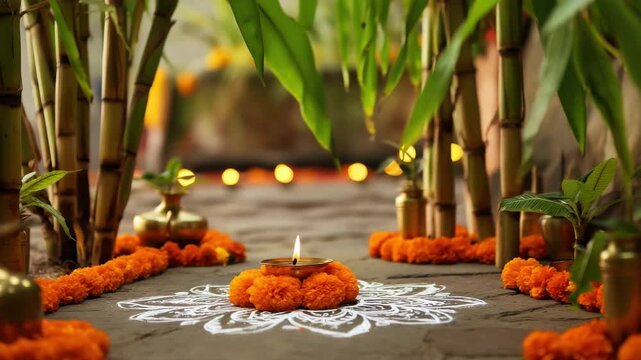 Traditional pongal celebration with rangoli design, marigold flowers, brass pots, lit lamp, fresh banana leaves, rural Indian cultural festival, harvest season, vibrant festive atmosphere