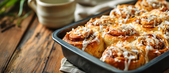 Creative food template. Sprinkled shredded coconut, Golden cinnamon roll bread buns with with cream cheese glaze served in baking pan on rustic wooden table. copy text space	
