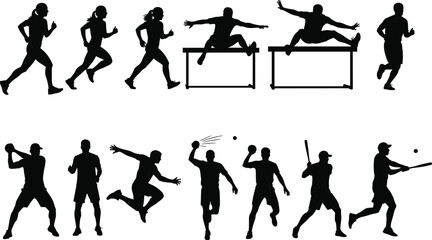 Silhouette athletes performing various sports actions including running, jumping, throwing, and team games for fitness, training, and competition themes.