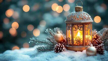 Christmas lantern glowing with a flickering candle, snow dusted fir branches and pinecones nearby, warm cozy holiday scene with golden bokeh and festive evening atmosphere