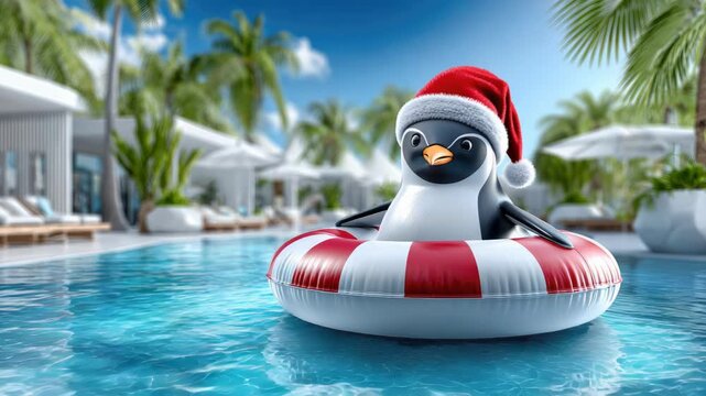 Cute cartoon penguin in a Santa hat relaxing on an inflatable tube in a sunny tropical hotel pool, celebrating a warm Christmas vacation or southern hemisphere holiday getaway
