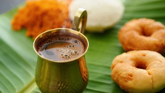 Traditional South Indian breakfast with steaming coffee on banana leaf, brass mug, vada, idli, turmeric powder, pongal festival, cultural culinary feast, aromatic spices, aromatic beverage