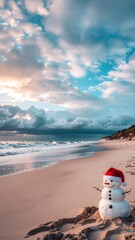 A festive sandy snowman with a Santa hat on a beautiful beach, representing a unique tropical Christmas holiday celebration concept