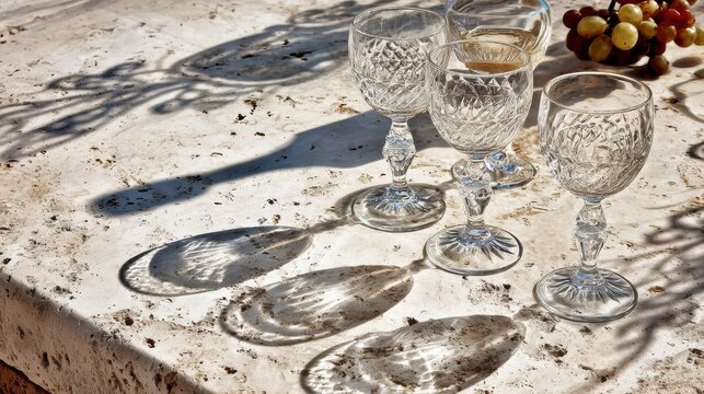 Elegant Wine Glasses Casting Shadows on Stone Table Under Mediterranean Sun