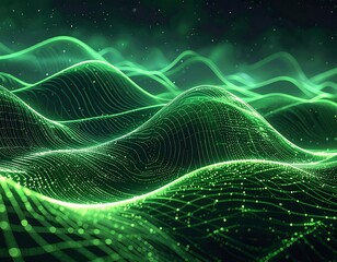 Glowing green waves of light undulate across a dark, starry background