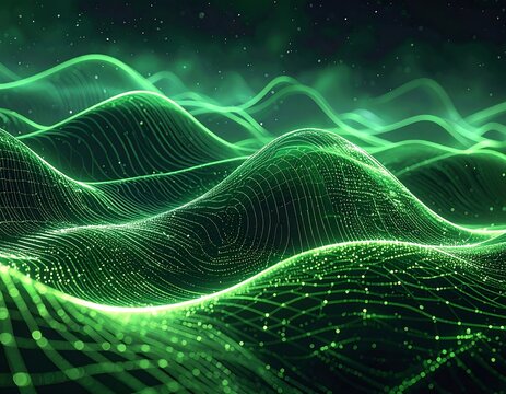 Glowing green waves of light undulate across a dark, starry background