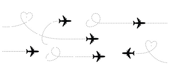Airplane route vector set with dotted flight paths including curved, twisted, straight, and heart-shaped dashed lines — perfect for travel graphics, maps, dashboards, and aviation-themed designs.