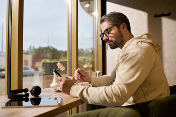 Mature man enjoying coffee while browsing on smartphone in a stylish cafe