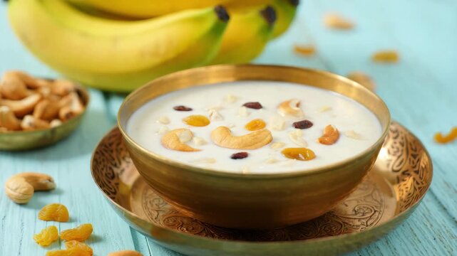 Traditional South Indian payasam dessert made with milk, cashews, raisins, and banana, served in a brass bowl during Pongal festival as a symbol of prosperity and festive sweetness