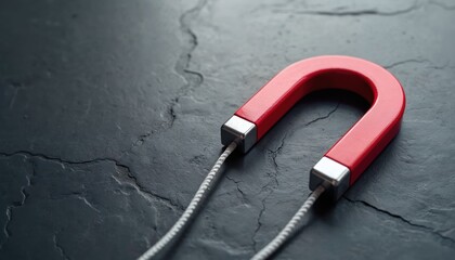 Red horseshoe magnet rests on dark stone surface. Metal object with white cords shows magnetic force concept. Science and attraction physics theme.