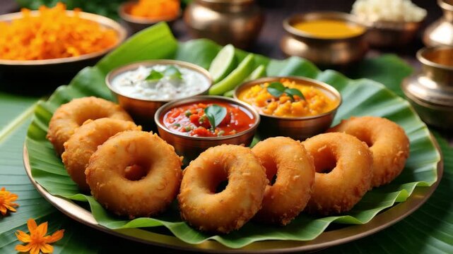 Traditional Indian Vada with Chutney on Banana Leaf, South Indian Cuisine, Festive Thali Presentation, Cultural Culinary Heritage, Authentic Snack Platter, Festival Celebration Dining
